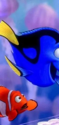 This live phone wallpaper features two swimming fish from the popular Disney cartoon Finding Nemo