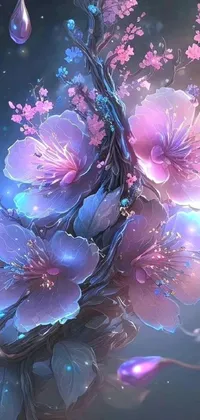 This stunning live wallpaper features an intricate design of blue and pink flowers blooming in a green and purple background