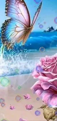This phone live wallpaper displays a serene pink rose on a sandy beach with fluttering butterflies and ocean water in the background, all in transformed high definition