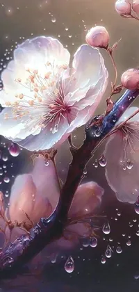 This phone live wallpaper showcases a stunning close-up of a flower with dew drops on it, surrounded by cherry blossom trees, giving it a photorealistic painting effect