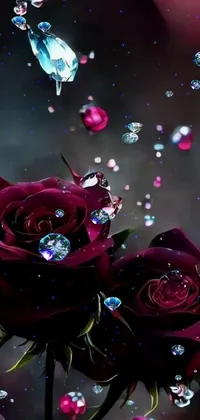 This mobile wallpaper boasts a stunning digital art piece with two roses side by side adorned with sparkling gems on top