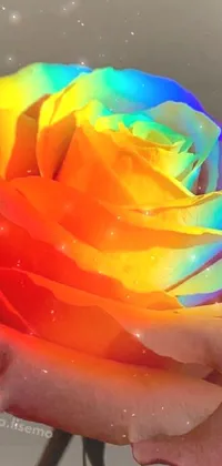 This phone live wallpaper is a stunning close up of a rainbow colored rose in a vase, glowing from the inside, sitting on a colorful surface