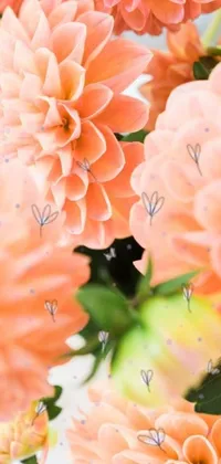 This mobile live wallpaper features stunning orange flowers atop a table alongside pink bees and dahlias