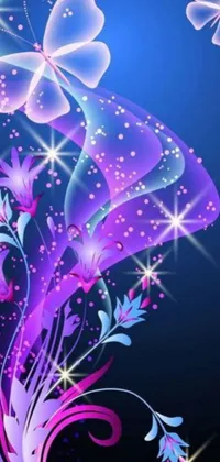 This breathtaking purple <a href="/flower-wallpapers">flower wallpaper</a> boasts delicate butterflies fluttering around the impressive bloom in a mesmerizing digital display