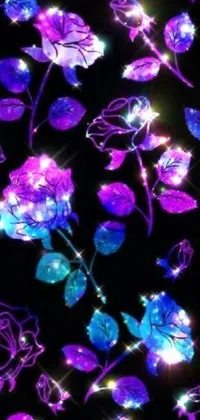 This live wallpaper features a vibrant display of purple and blue flowers on a sleek black background