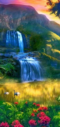 This live phone wallpaper features a stunning digital painting depicting a serene waterfall surrounded by colorful flowers, deers drinking from the lake and beautiful mountains in the background