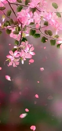 This magical phone live wallpaper depicts a pink tree with blowing flowers and digitally created art by flickr