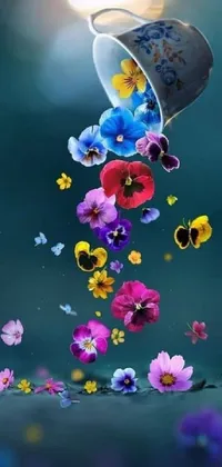 This cellphone live wallpaper features a digital bucket overflowing with vibrant flowers creating a cheerful mess