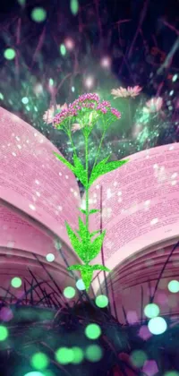 Looking for a unique and striking phone wallpaper? Download this digital rendering of an open book with a green plant growing out of it, complete with a bio-luminescent glow
