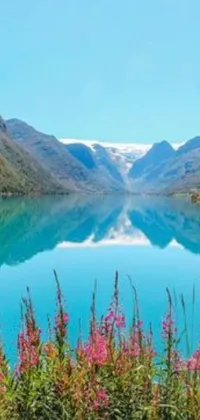 This mobile live wallpaper showcases a serene landscape of a vast body of water flanked by towering mountains