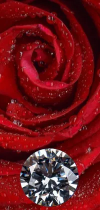 This mobile live wallpaper features a striking diamond perched delicately on top of a vivid red rose, radiating luxury and glamour