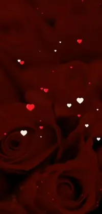 This stunning live wallpaper features a striking array of vivid red roses with charming heart accents, set against a striking dark red background