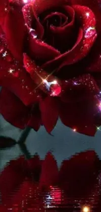 This stunning phone live wallpaper features a beautiful red rose reflected in crystal-clear water, surrounded by intricate flowers in a romantic and serene scene