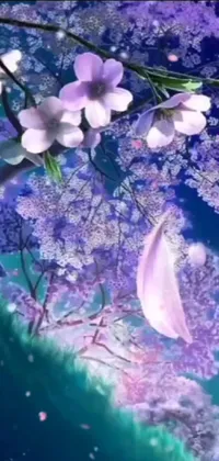 This phone live wallpaper offers a captivating depiction of a tree with purple flowers, inspired by a trending fantasy art style