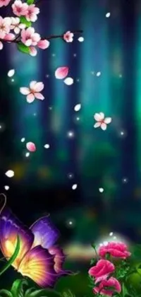 This phone live wallpaper showcases a stunning purple butterfly perched on a lush green field with scattered glowing pink fireflies and a forest of blue flowers in the background
