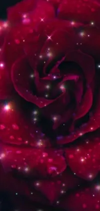 This stunning phone live wallpaper depicts a red rose with water droplets floating in the cosmos nebula