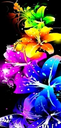 Experience the magical allure of this phone live wallpaper featuring colorful flowers on a sleek black background
