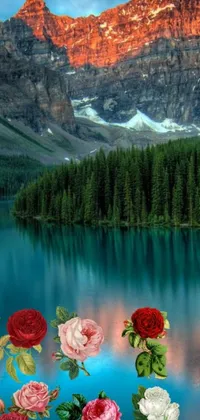 This dynamic live wallpaper for your phone features a stunning image of a serene lake surrounded by lush greenery and a majestic mountain peak in the background