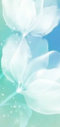 This phone live wallpaper showcases a stunning digital art of two white flowers on a green and blue background
