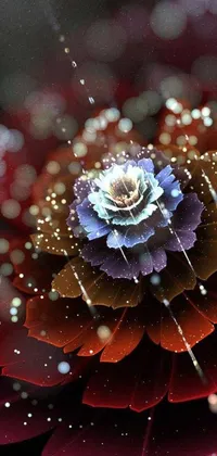 This phone live wallpaper features a stunning close-up of a flower with water droplets, anamorphic bokeh and intricately detailed digital art