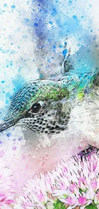 This live wallpaper for your phone showcases a stunning watercolor depiction of a hummingbird perched on a flower
