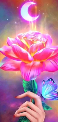 This phone live wallpaper features a hand holding a pink rose and a butterfly, adorned with psychedelic and vibrant colors