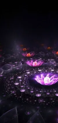 This purple flower phone live wallpaper features a digital art design that showcases a group of flowers on a black ground