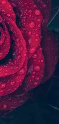 This live wallpaper displays a gorgeous red rose covered with glistening water droplets