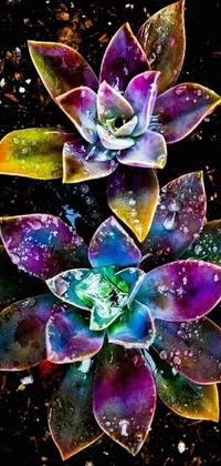 This live wallpaper showcases a colorful and psychedelic design of intricate flowers and vibrant crystals against a black background