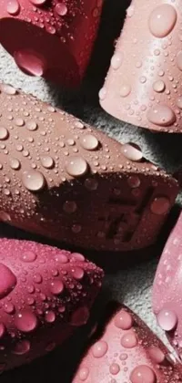 This live wallpaper is a stunning depiction of a pink lipstick with water droplets