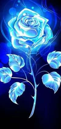 This live wallpaper features a realistic illustration of a blue rose with leaves on a black background