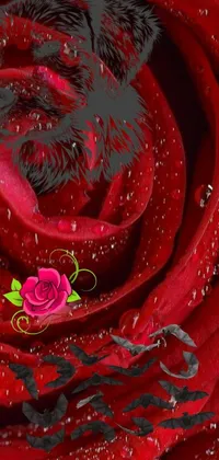 This digital render wallpaper showcases a stunning closeup of a red rose with water droplets against a black background