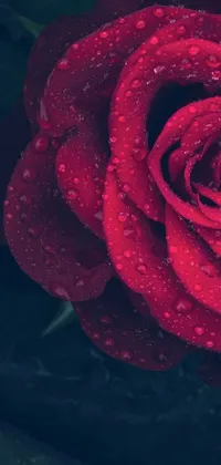 This live wallpaper showcases a stunning red rose adorned with glistening water droplets, set against a dark floral pattern background