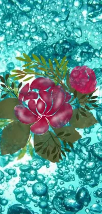 This phone live wallpaper features a digital painting of a flower floating on water, with a turquoise color theme