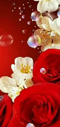 This phone live wallpaper features a stunning digital art design of red roses and bubbles set against a red backdrop
