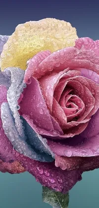 This phone live wallpaper features a close up of a photorealistic painting of a colorful flower with water droplets, for an exquisitely detailed display on your mobile device