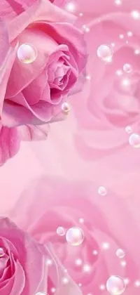 This stunning phone live wallpaper depicts a bunch of pink roses arranged on a wooden table against a soft pink background
