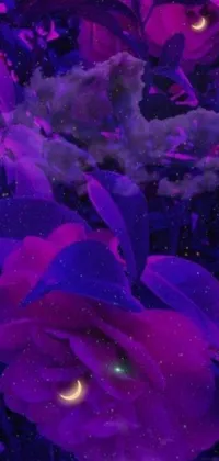 This phone live wallpaper showcases digital art with a purple rose bouquet on a green field