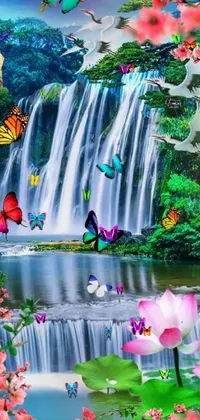 Bring natural beauty to your phone with this live wallpaper featuring a stunning waterfall surrounded by delicate pink flowers and fluttering butterflies