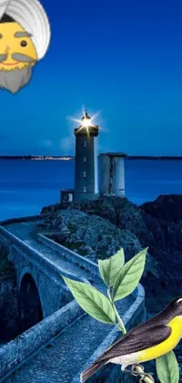 This stunning live wallpaper highlights a digital rendering of a bird on a rock, with a lighthouse in the backdrop