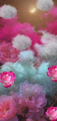 This stunning live wallpaper depicts a beautiful bunch of pink roses suspended in a cosmic nebula