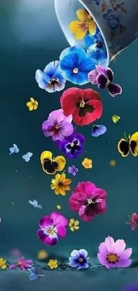 This stunning phone live wallpaper is a breathtaking piece of process art, featuring a bunch of beautiful and colorful flowers floating in the air against a dark background