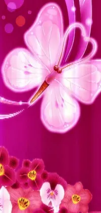 This mobile live wallpaper boasts a picture of flowers and a butterfly against a backdrop of bright pink and purple lights