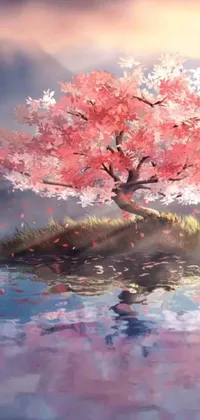 This phone live wallpaper features a stunning painting of a tree in the center of a body of water, inspired by nature