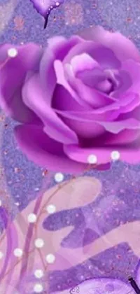 This stunning phone live wallpaper showcases a vibrant purple rose surrounded by a swarm of butterflies