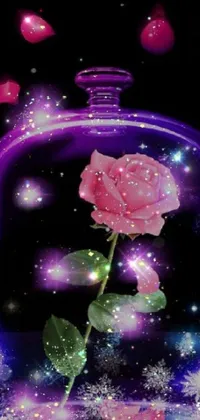 This phone live wallpaper features a stunning pink rose under a glass dome, with purple sparkles and a galaxy in a bottle
