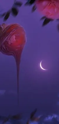 This phone live wallpaper depicts a vividly colored flower up close with the moon visible in the background, set against a rose-colored background