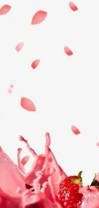This live wallpaper depicts a digital art of a strawberry dropping into a pink liquid with falling red petals on a pale background