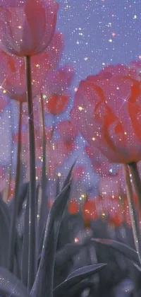 This phone live wallpaper features a stunning digital art of pink tulips in the rain