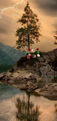 This charming live wallpaper features a serene forest scene built near a lake